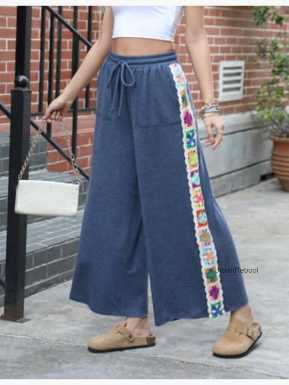 Wide Leg Stretch Sweatpants Crochet Panel Pocket Lounge Pants - Picture 2 of 7